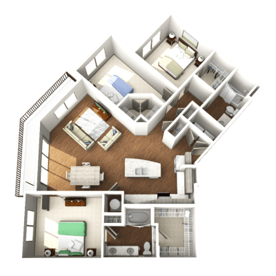 a 3d floor plan of a bedroom apartment